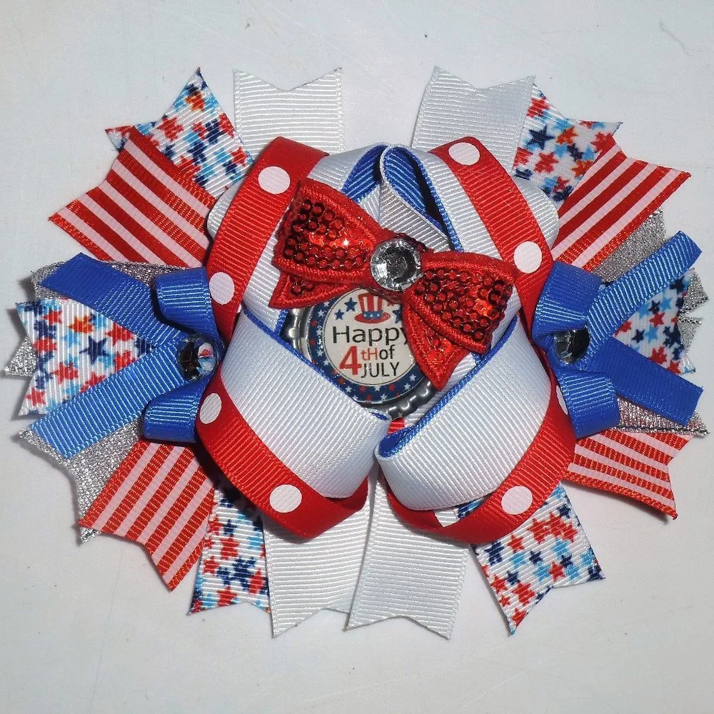 4th of July Patriotic Girls 5-Inch Hair Bow Clip